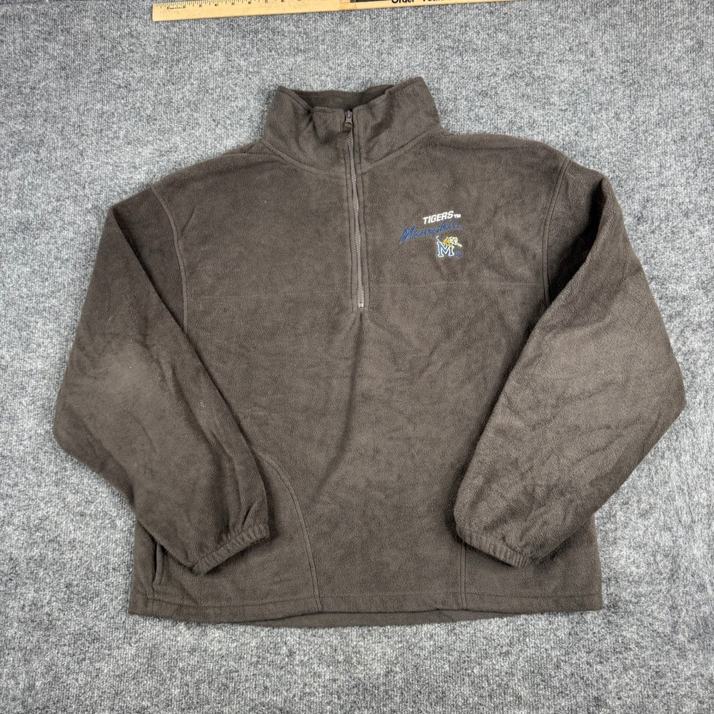Old Varsity Brand Fleece Mens Size L Brown Memphis Tigers Quarter Zip Rip Flaw
